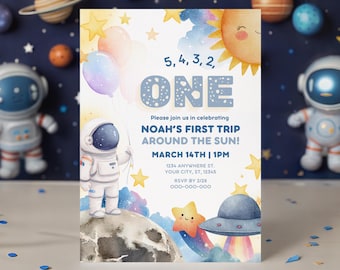 First Trip Around the Sun Birthday Invitation, Space Theme, Editable Canva Template (5x7")