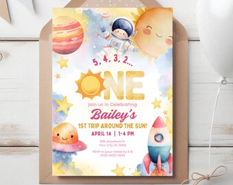 Space Girl First Birthday Invitation, Party Invite, Baby Astronaut, Canva Template