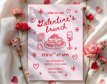 Galentines Brunch Invitation, Valentines celebration, Canva Template, Whimsical Illustrations