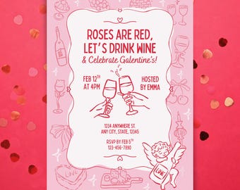 Galentines Invite, Girls Night Invite, Roses Are Red, Whimsical Hand Drawn, Cupid Theme