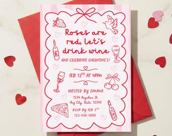 Whimsical Galentines Party Invite, Girls Night, Roses Are Red, Hand Drawn, Canva Template