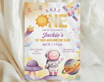 First Birthday Space Party Invite, Girl Astronaut, Editable Canva Template