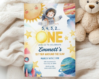 1st Trip Around Sun Invite, Space Themed First Birthday, Canva Template (5x7)