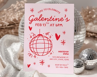 Galentines Editable Invitation, Valentines Party, Disco Ball, Whimsical Design, Canva Template