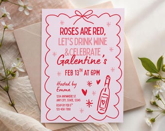 Galentines Invitation, Canva Template, Valentines Party, Wine Night, Hand Drawn Design