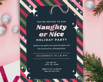 Naughty or Nice Holiday Invitation, Christmas Party Invite, Canva Template, Secret Santa Party
