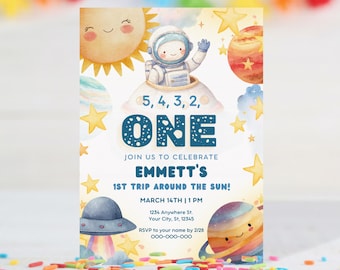 Space Astronaut First Birthday Invitation, 1st Trip Around Sun Invite (Canva Template)