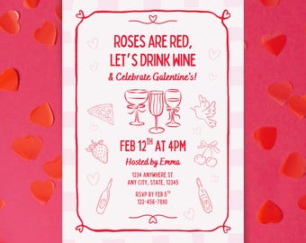 Galentines Invitation, Girls Night Celebration, Roses Are Red, Hand Drawn Designs