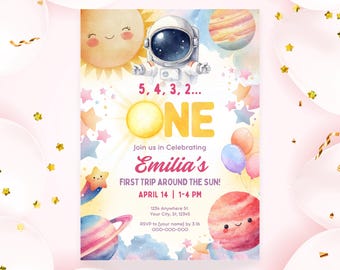 First Trip Around the Sun Invite, Space Girl First Birthday Invitation, Canva Template (5x7)