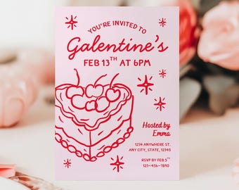 Galentines Editable Invitation, Valentines Celebration, Heart Cake, Whimsical Illustrations, Canva Template