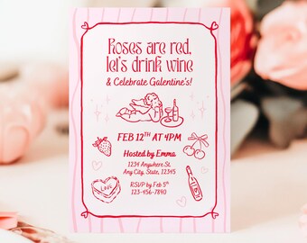 Galentines Invitation, Girls Night Celebration, Roses Are Red, Hand Drawn Designs