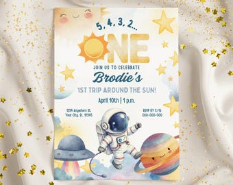 Space First Birthday Invitation, Watercolor Sun, Astronaut (5x7 Digital Template)