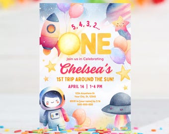 First Trip Around the Sun Invitation, Space First Birthday Template, Editable (5x7) Invite