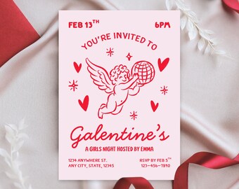Galentines Editable Party Invitation, Whimsical Cupid, Valentines Girls Night