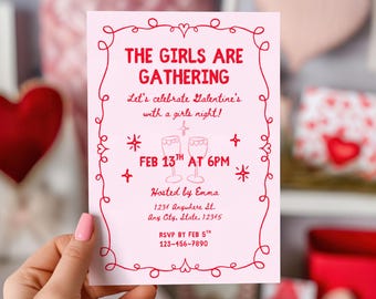 Editable Galentines Invitation, Girls Night, Roses Are Red, Hand Drawn Cupid