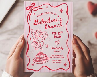 Galentines Illustrated Invite, Editable, Girls Brunch, Valentines, Canva Template