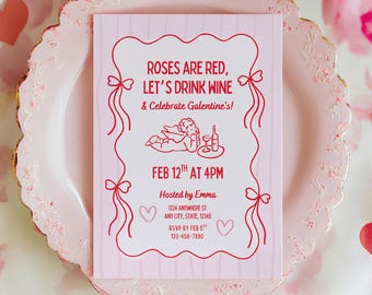 Editable Galentines Invitation, Girls Night, Roses Are Red, Hand Drawn Cupid