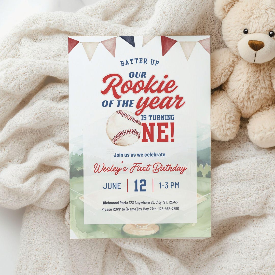 Baseball Rookie of the Year 1st Birthday Invitation (editable Canva ...