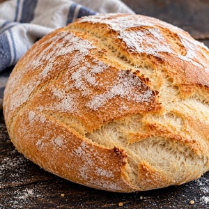 Op de afbeelding: Een rond brood van ambachtelijk gebakken deeg met een goudbruine korst en een bestuiving van witte bloem. Het brood heeft een diepe, ingesneden barst over het midden die de lichte binnenkant laat zien, naast een blauw-witte theedoek.