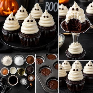 May include: A collection of chocolate cupcakes topped with white buttercream frosting shaped like ghosts with dark chocolate chip eyes. The image includes views of the baking process, ingredients in small bowls, and a muffin tin with batter.
