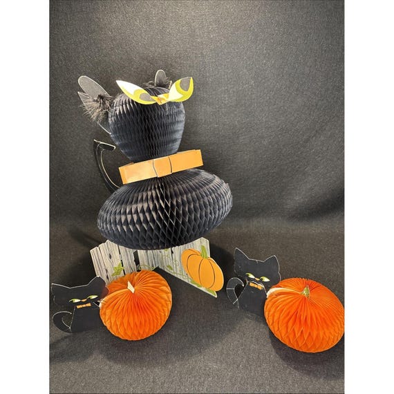 Rare Vintage 1940s Beistle Die Cut Honeycomb Tissue Halloween Pumpkin Black Cats