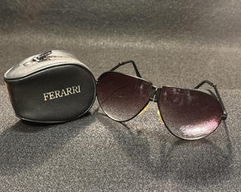 VTGFerrari 1980's Folding Aviator Sunglasses AmberLens Black Metal Frames W/Case