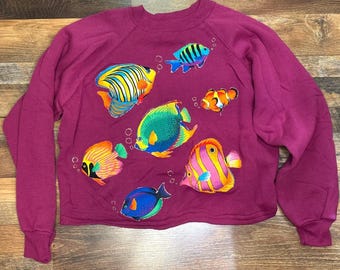 VTG Fish Exotic Ocean Life Magenta Cropped Sweatshirt Crewneck Size Large