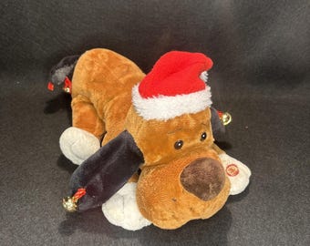 Peluche de perrito Dan Dee Floppy de 26 pulgadas, marrón, con gorro de Papá Noel, juguete de peluche navideño ¡FUNCIONA!