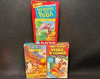 Lote de 3 cintas VHS de dibujos animados de Winnie the Pooh de Disney: Día ventoso, Piglet, Feliz día de Pooh.