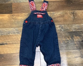 Vintage OshKosh B'gosh Bubble Overalls Bow 6-9 Month Denim Hearts Plaid 90s USA