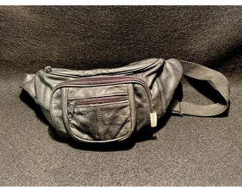 Vintage Genuine Leather Patchwork Fanny Pack Waist Bag Black 4 Zipper Pockets