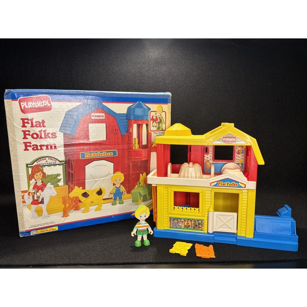 VTG 1990 Y2K Playskool Flat Folks Farm & House 2-sided Play-set W