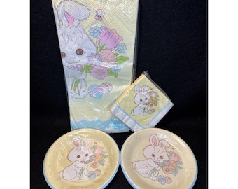 Vtg NOS Gibson Easter Bunny Plates Napkins Paper Table Cloth 54"x96" 1980s RARE
