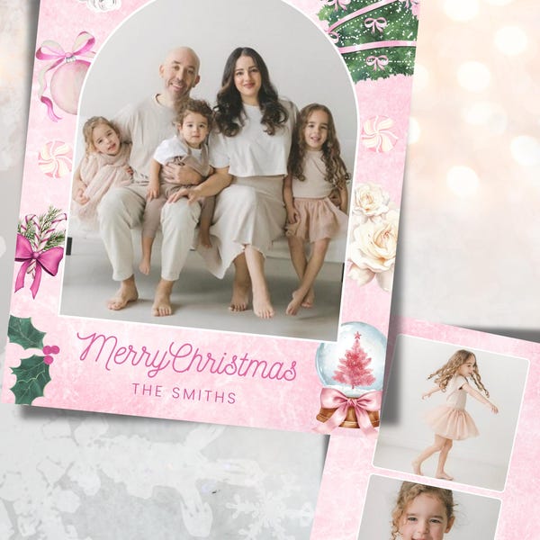 Custom Family Photo Christmas Card, Pink Vintage Bow Christmas, Holiday Digital Template
