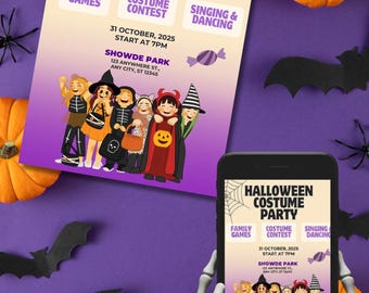May include: A Halloween Costume Party flyer and a smartphone displaying the same design. The flyer features the text "Halloween Costume Party" with event details, including the date, time, and location. The design includes illustrations of children in costumes, pumpkins, bats, and spiders.