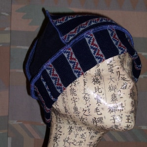 May include: A blue and red striped knit beanie with a blue brim. The beanie is on a mannequin head with a white background covered in Japanese characters.