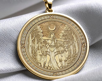 14k Solid Gold Artemis Necklace , Greek Virgin Goddess Pendant -63