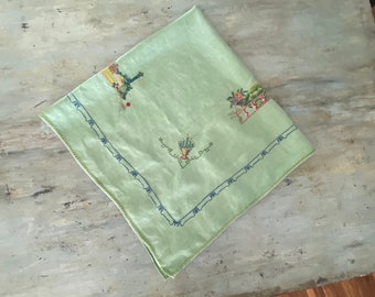Small Tablecloth - Vintage crewel & Battenberg Embroidery Tablecloth on a soft celery green 32” x 32”