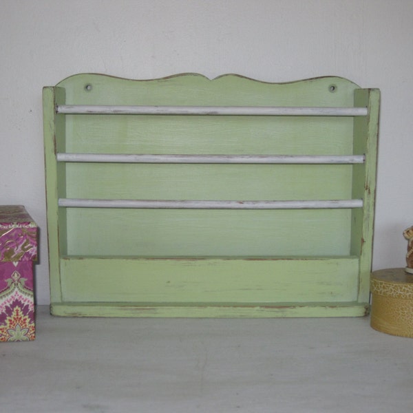 Shabby Rustic Wall Storage -  Country Cottage Magazine Rack - Wooden  Office Organizer  - Upped & Distressed in Spring Green and White