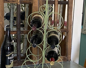 Mid Century Wrought Iron Wine Rack - Filigree Detail Enameled in dark Celery -  Stylishly Holds Six Bottles of Your Finest