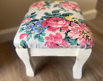 Shabby Cottage Foot Stool - Up-Cycled Rose Fabric - Rustic Distressed White Paint - Petite Seat