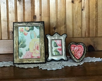 Vintage Ornate Picture Frames Collection - Silver Plate/Toned Metal Easel Backed with Glass - Grungy Eclectic Table Top Frames