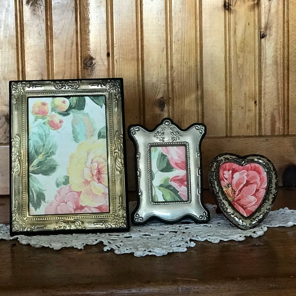 Vintage Ornate Picture Frames Collection - Silver Plate/Toned Metal Easel Backed with Glass - Grungy Eclectic Table Top Frames