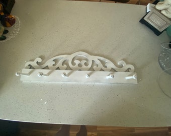 Wood coat hanger - Farmhouse style 6 Peg Wall Hanger - Ornate Fretwork (hang up or down) Chippy White Paint over Blue - Grungy Distressed