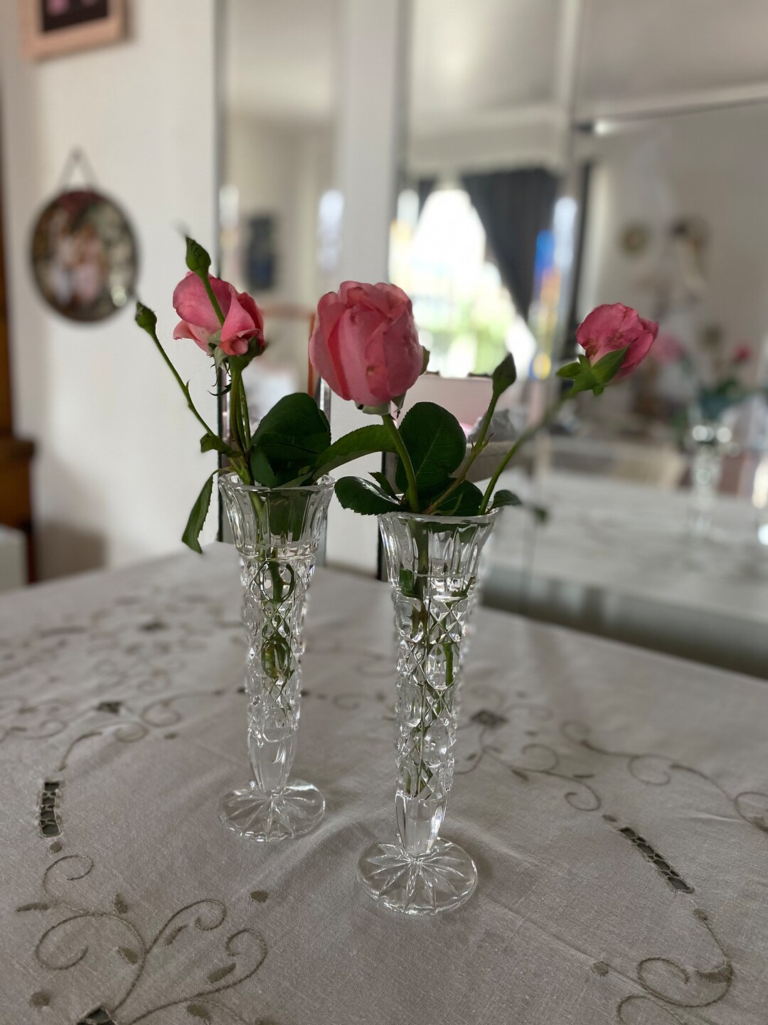 Midcentury Cut Glass Bud Vases Set of 2 Small Footed Cleat Pressed