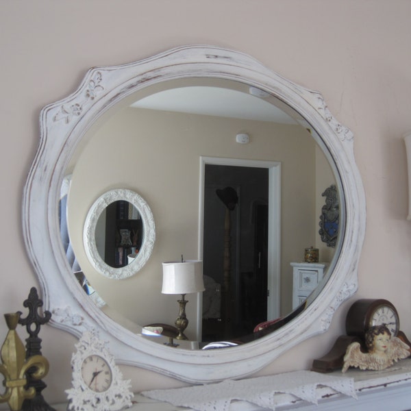 Large Wood Victorian Detailed Framed - Beveled Cameo Wall Mirror - Shabby Chic Distressed in Creamy White