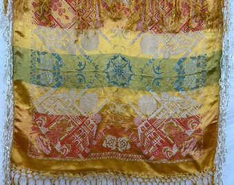 Vintage taj mahal design shawl silk satin fringes piano scarf wrap S72