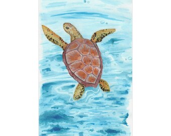 Sea Turtle Watercolor Art Print, Coastal Wall Decor