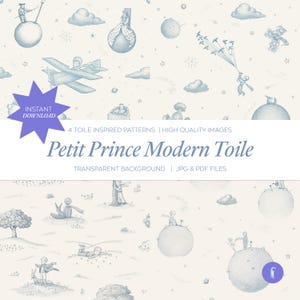 Little Prince Modern Toile Seamless Pattern Kit Blue Toile de Jouy Digital Paper Nursery Wallpaper French Vintage Illustration Clipart