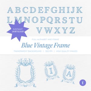 May include: A light blue vintage alphabet set with matching frames. The letters A to Z are displayed in a serif font. The words "Blue Vintage Frame" are also shown. The image includes the text "Instant Download".